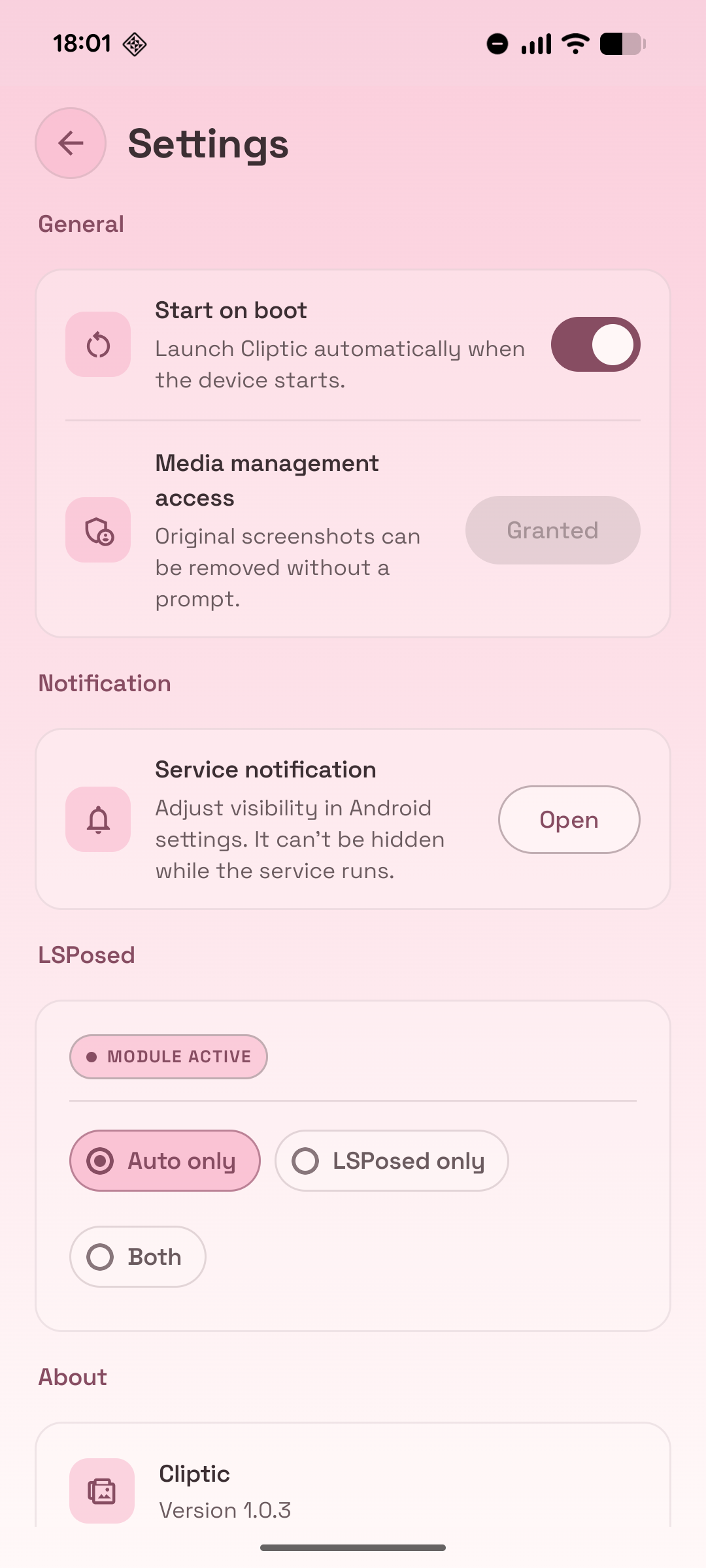 Settings screen